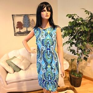 Georgeous AB Studio Blue, Green, Yellow Paisley Sleeveless Sheath Deess Size 16